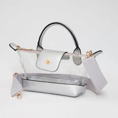 Fashnzfab Faux Leather Compact Transparent Top Handle Crossbody Bag In Silver