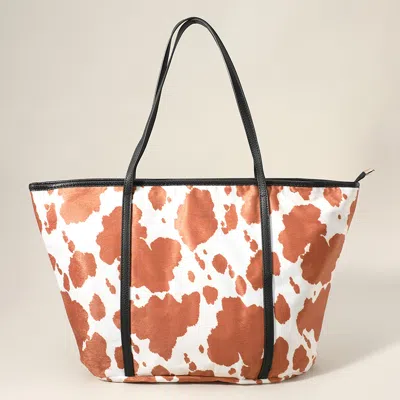 Fashnzfab Faux Leather Cow Patterned Tote Bag / Shoulder Bag In Sand