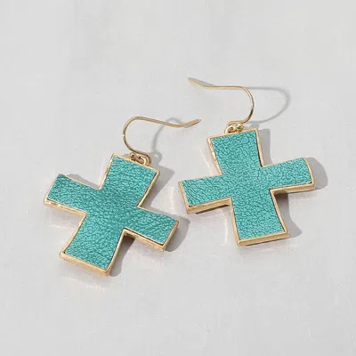 Fashnzfab Faux Leather Cross Dangle Earrings - Teal In Gold