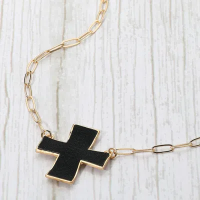 Fashnzfab Faux Leather Cross Pendant Paperclip Chain Necklace In Black