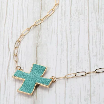 Fashnzfab Faux Leather Cross Pendant Paperclip Chain Necklace In Blue