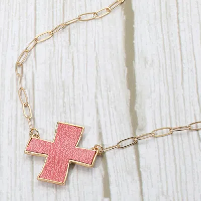 Fashnzfab Faux Leather Cross Pendant Paperclip Chain Necklace In Gold