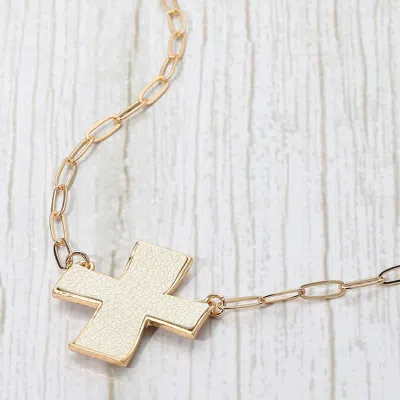 Fashnzfab Faux Leather Cross Pendant Paperclip Chain Necklace In Gold
