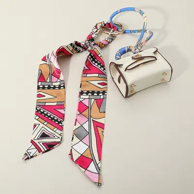 Fashnzfab Faux Leather Elegant And Stylish Mini Purse / Bag Charm With Abstract Pattern Petit Scarf In Brown