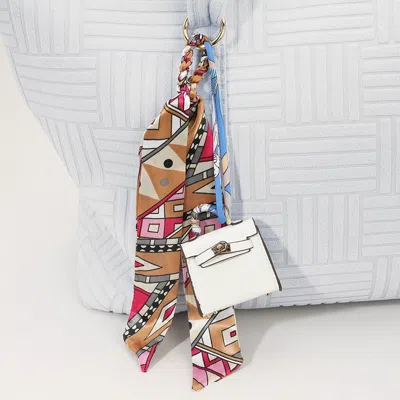 Fashnzfab Faux Leather Elegant And Stylish Mini Purse / Bag Charm With Abstract Pattern Petit Scarf In White