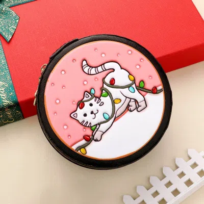 Fashnzfab Faux Leather Embossed Christmas Light Wrapped White Cat Portable Disc Jewelry Box In Multi