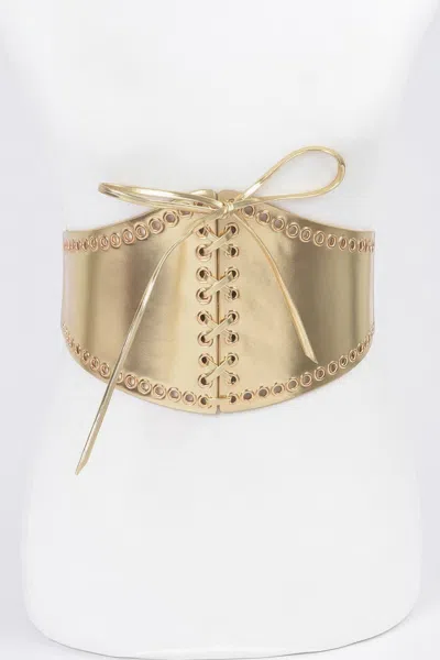Fashnzfab Faux Leather Eyelet Corset Elastic Belt In Gold