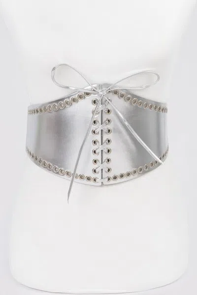 Fashnzfab Faux Leather Eyelet Corset Elastic Belt In Metallic