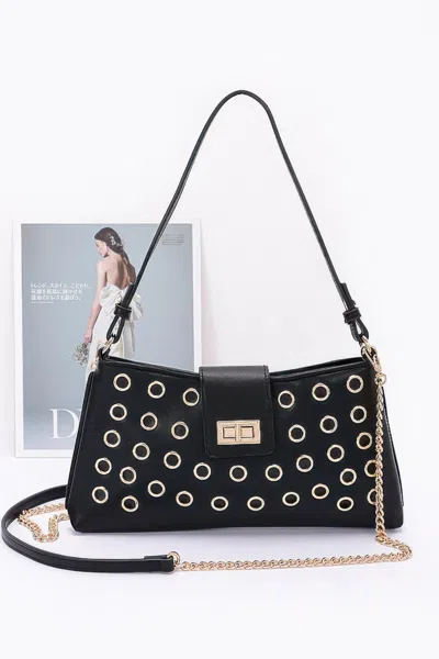 Fashnzfab Faux Leather Eyelet Studded Shoulder Bag In Black