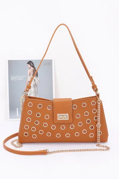 Fashnzfab Faux Leather Eyelet Studded Shoulder Bag In Brown