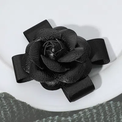 Fashnzfab Faux Leather Flower Bow Pin Brooch / Hair Clip In Black