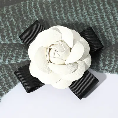 Fashnzfab Faux Leather Flower Bow Pin Brooch / Hair Clip In White