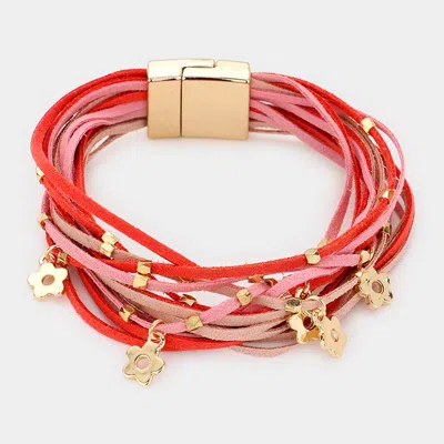 Fashnzfab Faux Leather Flower Charm Magnetic Bracelet Pink