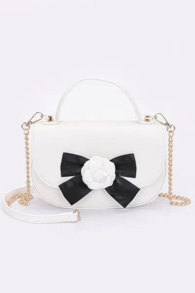 Fashnzfab Faux Leather Flower Ribbon Top Handle Flap Bag In White