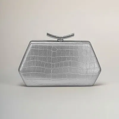 Fashnzfab Faux Leather Geometric Structured Evening Clutch Bag In Silver