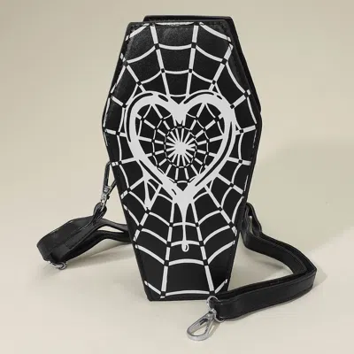 Fashnzfab Faux Leather Gothic Heart Spiderweb Printed Coffin Crossbody Bag In Black