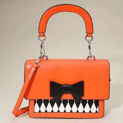 Fashnzfab Faux Leather Harlequin Pattern Bow Accent Halloween Handbag / Crossbody Bag In Orange