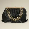 Fashnzfab Faux Leather Layered Ruffle Chunky Chain Strap Handle Evening Clutch Bag / Crossbody Bag In Black