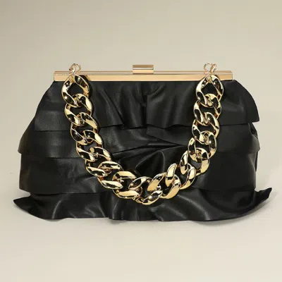 Fashnzfab Faux Leather Layered Ruffle Chunky Chain Strap Handle Evening Clutch Bag / Crossbody Bag In Black