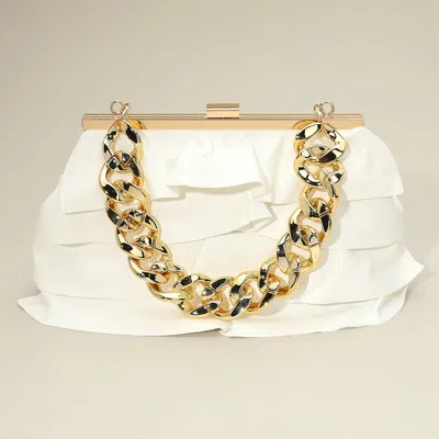 Fashnzfab Faux Leather Layered Ruffle Chunky Chain Strap Handle Evening Clutch Bag / Crossbody Bag In White