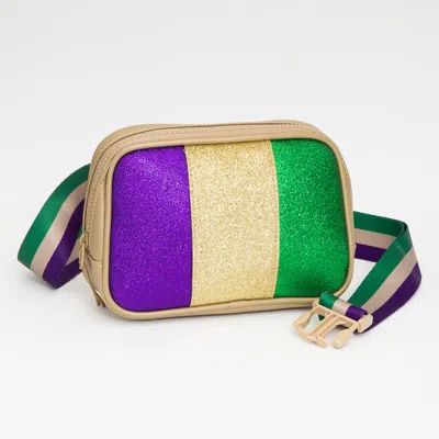 Fashnzfab Faux Leather Mardi Gras Sparkle Front Rectangle Belt Bag In Gold