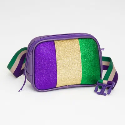 Fashnzfab Faux Leather Mardi Gras Sparkle Front Rectangle Belt Bag In Purple