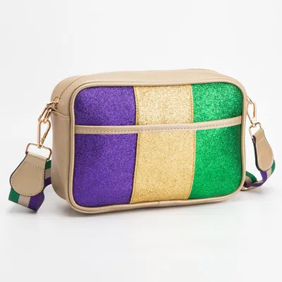 Fashnzfab Faux Leather Mardi Gras Sparkle Front Rectangle Crossbody Bag In Gold