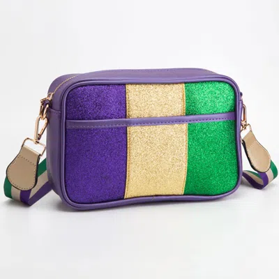 Fashnzfab Faux Leather Mardi Gras Sparkle Front Rectangle Crossbody Bag In Purple