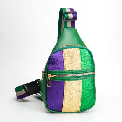 Fashnzfab Faux Leather Mardi Gras Sparkle Front Sling Bag In Green