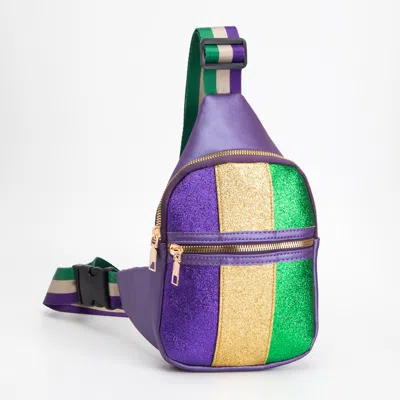 Fashnzfab Faux Leather Mardi Gras Sparkle Front Sling Bag In Purple