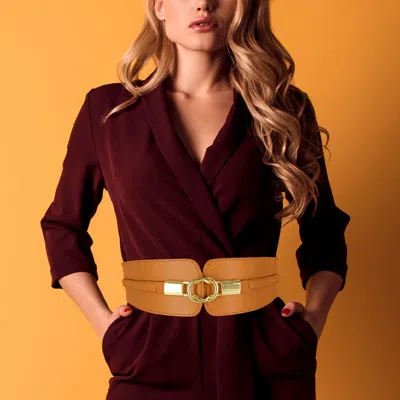 Fashnzfab Faux Leather Metal Buckle Accented Wide Elastic Waist Belt In Brown