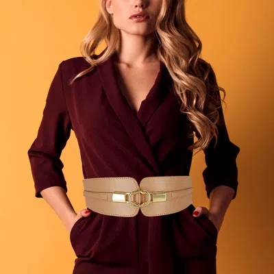 Fashnzfab Faux Leather Metal Buckle Accented Wide Elastic Waist Belt In Gold