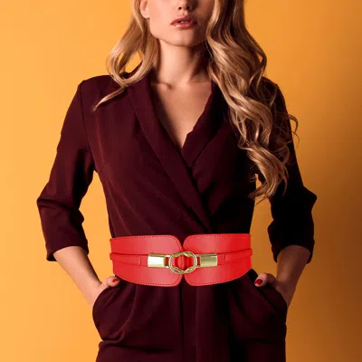 Fashnzfab Faux Leather Metal Buckle Accented Wide Elastic Waist Belt In Red