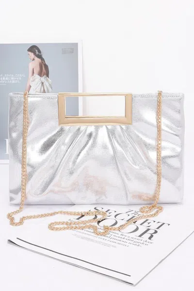 Fashnzfab Faux Leather Metal Handle Clutch In Silver