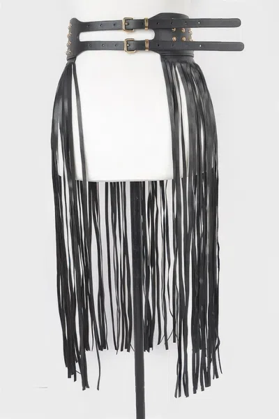 Fashnzfab Faux Leather Metal Studded Fringe Belt In Black