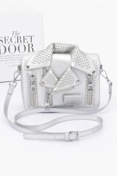 Fashnzfab Faux Leather Metal Studded Jacket Clutch In Silver