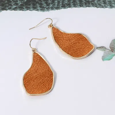 Fashnzfab Faux Leather Metal Teardrop Dangle Earrings - Brown, Gold