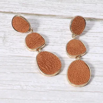 Fashnzfab Faux Leather Metal Triple Abstract Plate Link Dangle Earrings In Brown
