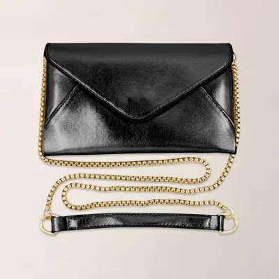 Fashnzfab Faux Leather Metallic Envelope Clutch Crossbody Bag In Black