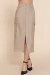 Fashnzfab Faux Leather Midi Cargo Skirt In Beige