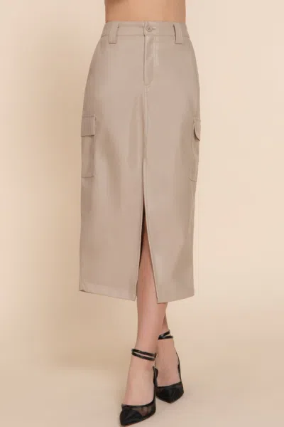 Fashnzfab Faux Leather Midi Cargo Skirt In Beige