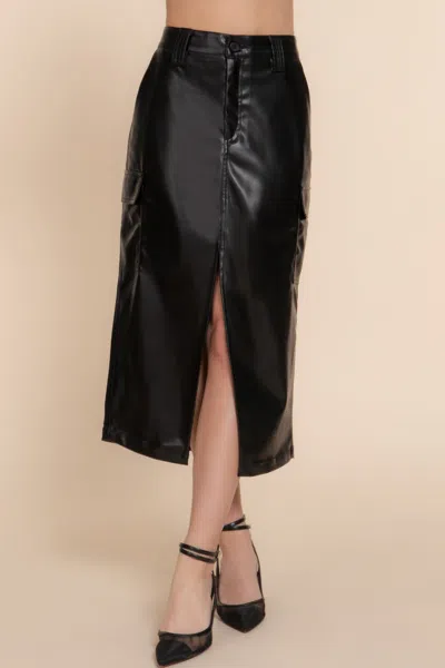 Fashnzfab Faux Leather Midi Cargo Skirt In Black