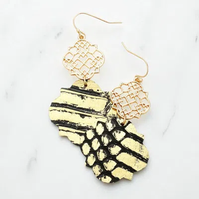 Fashnzfab Faux Leather Moroccan Filigree Dangle Earrings - Black, Gold