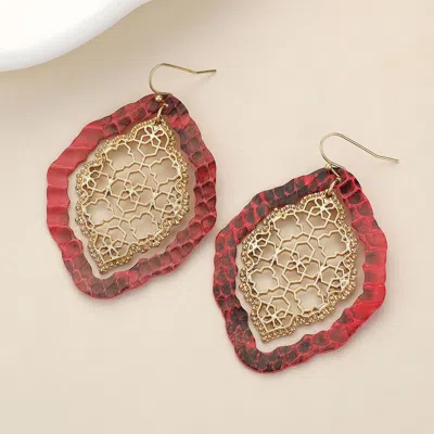 Fashnzfab Faux Leather Moroccan Filigree Dangle Earrings - Red In Multi