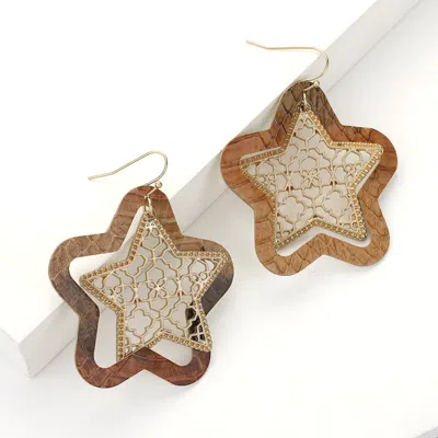 Fashnzfab Faux Leather Moroccan Filigree Star Dangle Earrings In Brown