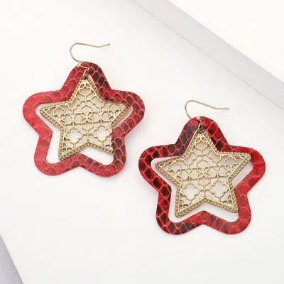 Fashnzfab Faux Leather Moroccan Filigree Star Dangle Earrings In Red