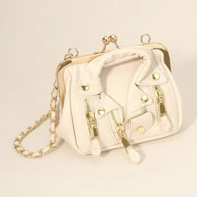 Fashnzfab Faux Leather Motorcycle Jacket Purse / Crossbody Bag In White