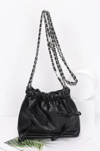 Fashnzfab Faux Leather Multi Ribbon Bucket Chaincrossbodybag In Black