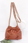 Fashnzfab Faux Leather Multi Ribbon Bucket Chaincrossbodybag In Brown