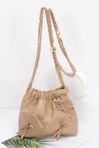 Fashnzfab Faux Leather Multi Ribbon Bucket Chaincrossbodybag In Sand